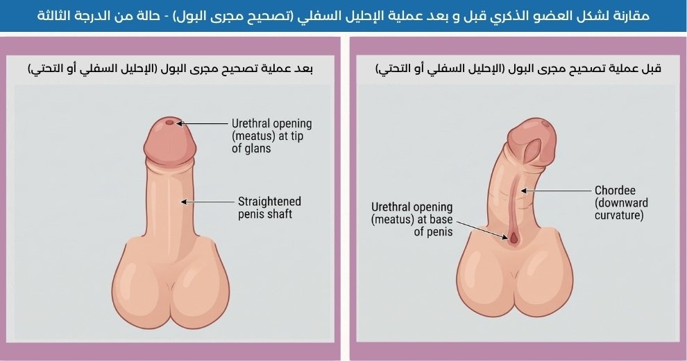 رسم توضيحي طبي يقارن بين العضو التناسلي لذكر حديث الولادة قبل وبعد جراحة تصحيح الإحليل التحتي (الطهور الملائكي). يوضح جانب "قبل العملية" وجود قلفة غير مكتملة (مقلنسة)، وانحناء نحو الأسفل، وفتحة بول تقع على جسم القضيب. بينما يوضح جانب "بعد العملية" استقامة القضيب، وترميم مظهر الجلد، ونقل فتحة مجرى البول لتستقر في مكانها الطبيعي عند طرف الحشفة.