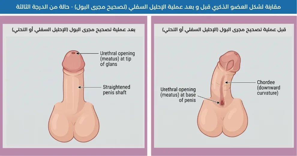 رسم توضيحي طبي يقارن بين العضو التناسلي لذكر حديث الولادة قبل وبعد جراحة تصحيح الإحليل التحتي (الطهور الملائكي). يوضح جانب "قبل العملية" وجود قلفة غير مكتملة (مقلنسة)، وانحناء نحو الأسفل، وفتحة بول تقع على جسم القضيب. بينما يوضح جانب "بعد العملية" استقامة القضيب، وترميم مظهر الجلد، ونقل فتحة مجرى البول لتستقر في مكانها الطبيعي عند طرف الحشفة.
