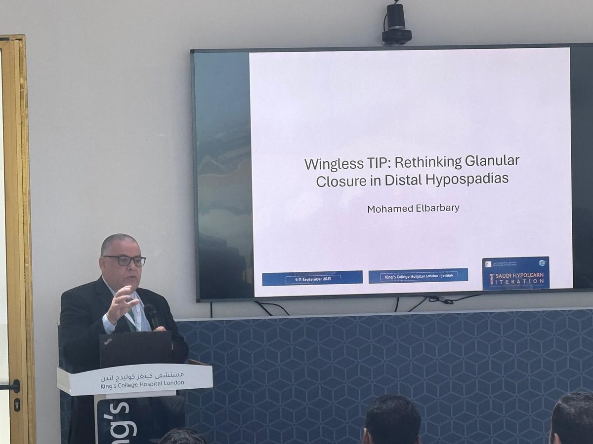 Wingless TIP hypospadias technique — Prof. El Barbary's original lecture slide at King's College Hospital London, Jeddah 2025