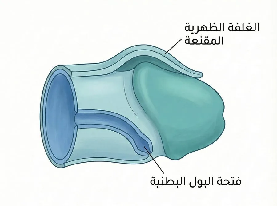 رسم توضيحي لموضع فتحة البول في الإحليل السفلي والغلفة الظهرية المقنعة